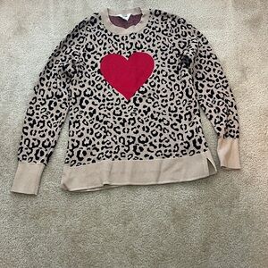Women’s TIME AND TRU Black Tan Leopard Print Sweater w/ Red Heart Size XS (0-2)